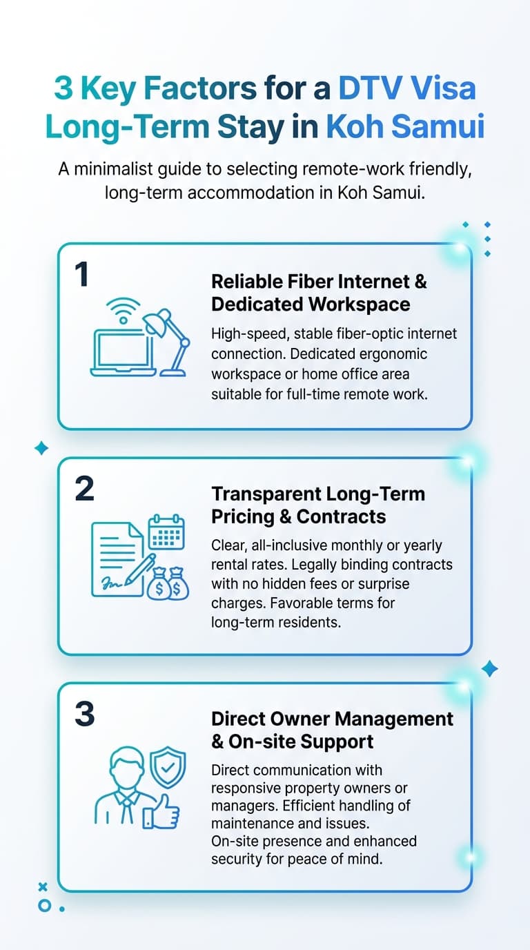 The three factors that matter most for a DTV long-term stay on Koh Samui — reliable fibre and a dedicated workspace, transparent long-term pricing and contracts, and direct owner management with on-site support.