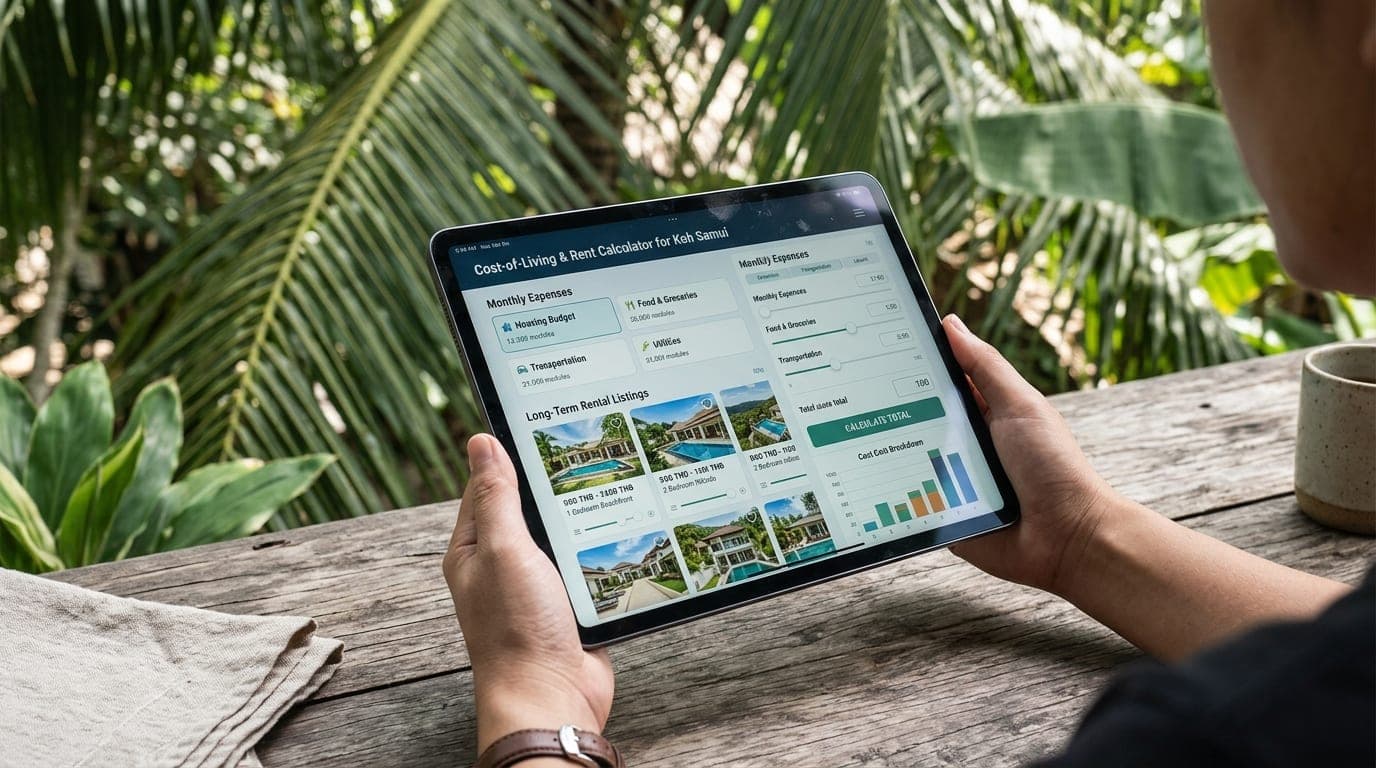 A tablet showing a Koh Samui cost-of-living and rent calculator with long-term rental listings.