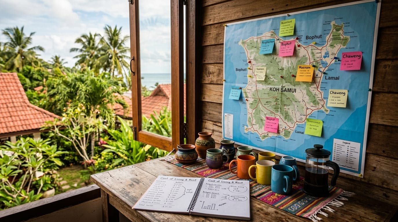 A wall map of Koh Samui marked with sticky notes comparing neighbourhoods, beside a budget worksheet.