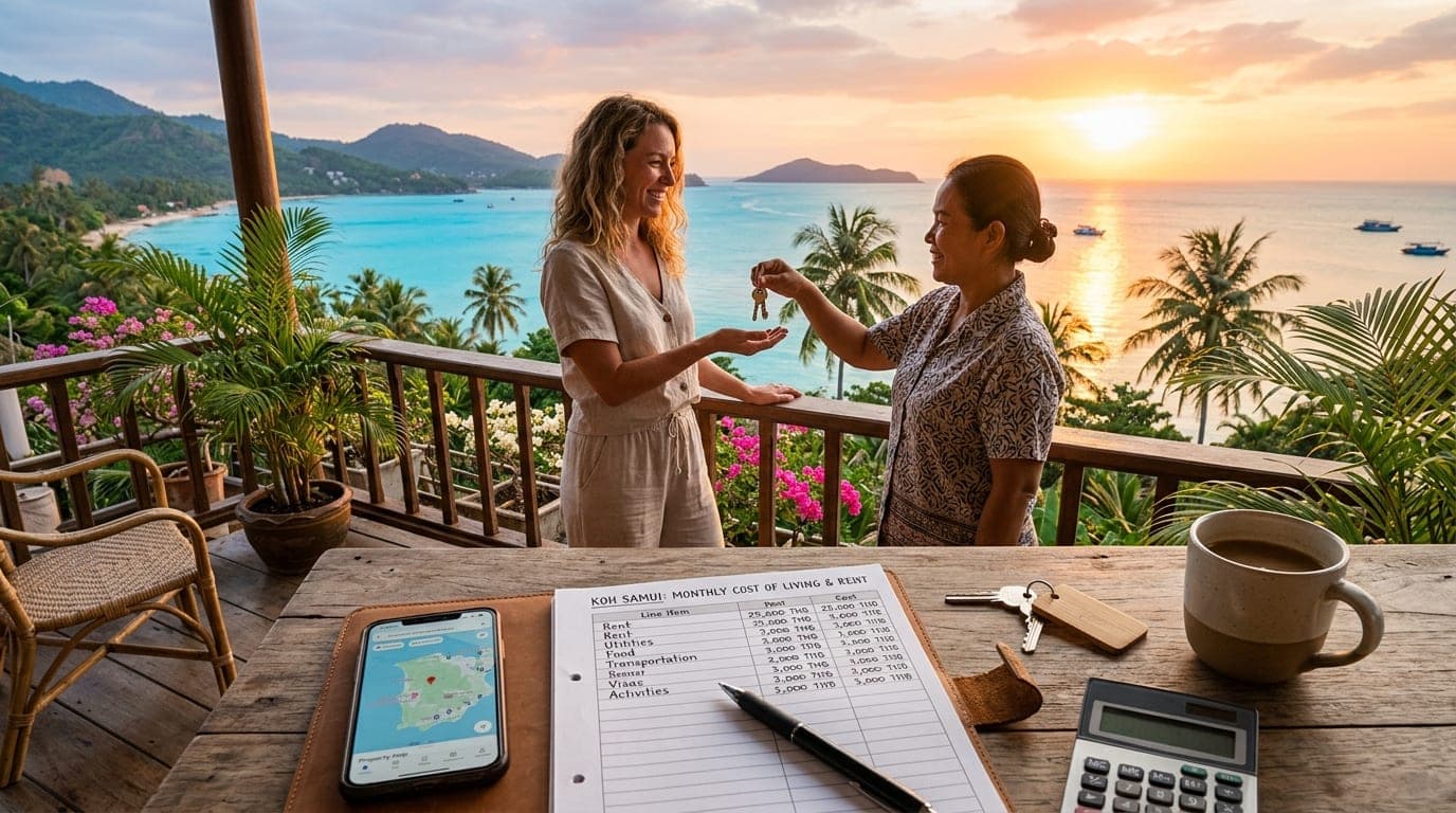 An owner handing keys to a new long-term tenant on a sunset terrace in Koh Samui.